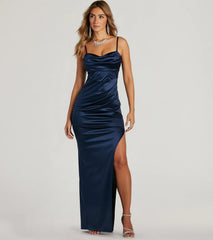 Iliana Cowl Neck High Slit Satin Column Dress