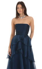Corset Ruffle Strapless Maxi Dress In Navy