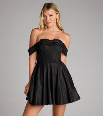 Maria Glitter Bow Off-The-Shoulder Skater Dress