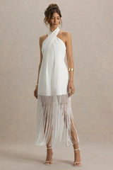 Fiametta | Ecru Linen Halter-Neck Fringe Maxi Dress