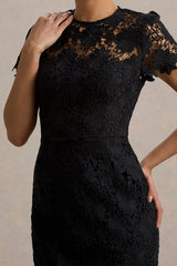 Clarissa | Black Lace Short-Sleeve Pleated Midi Dress