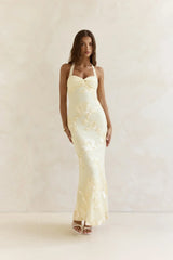 Skybloom Mesh Halter Maxi Dress Yellow