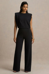 Tiff | Black Crew-Neck Jumpsuit With Draped Detailing