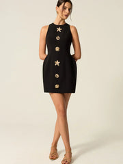 Metal-Button High-Neck Short Dress