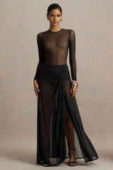Koami | Black Mesh Long-Sleeve Ruched Maxi Dress With High Split