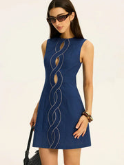Linen & Cotton Cut-Out Contrast-Stitch Mini Dress