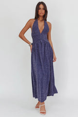 Italia Azure Gathered Waist Maxi Dress Shimmer Navy