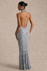 Zaira | Silver Sequin High-Neck Maxi Dress With Open-Back