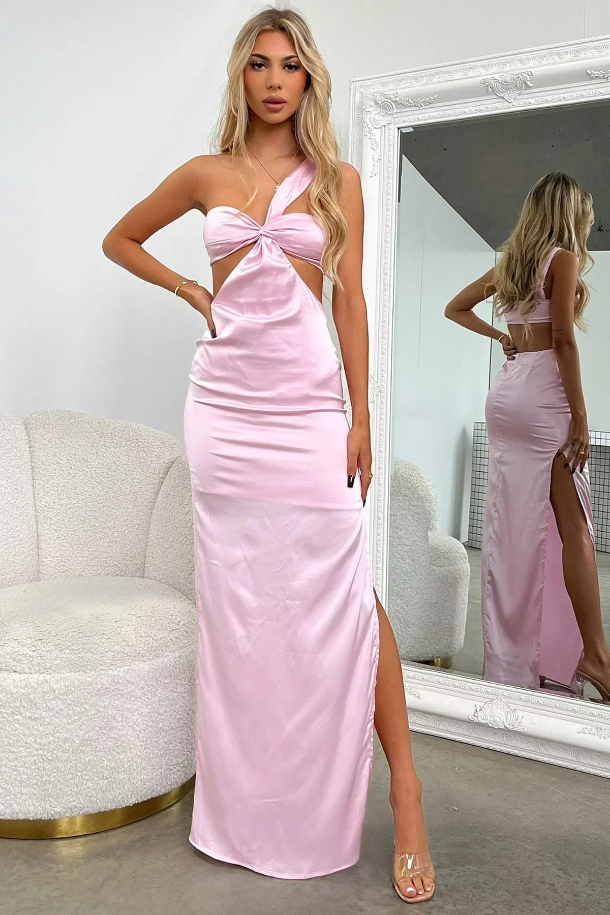 Alexia One Shoulder Satin Maxi Dress - Pink