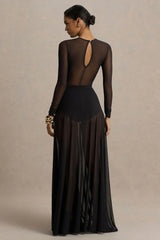 Koami | Black Mesh Long-Sleeve Ruched Maxi Dress With High Split