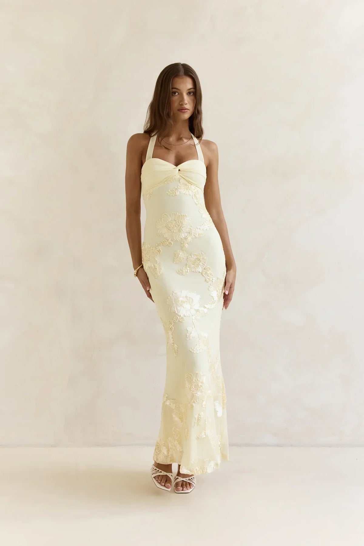 Skybloom Mesh Halter Maxi Dress Yellow