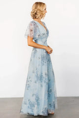 Cressida Tulle Maxi Dress | Blue + Off White Floral