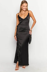Nahanee Black Satin Ruffle Maxi Dress