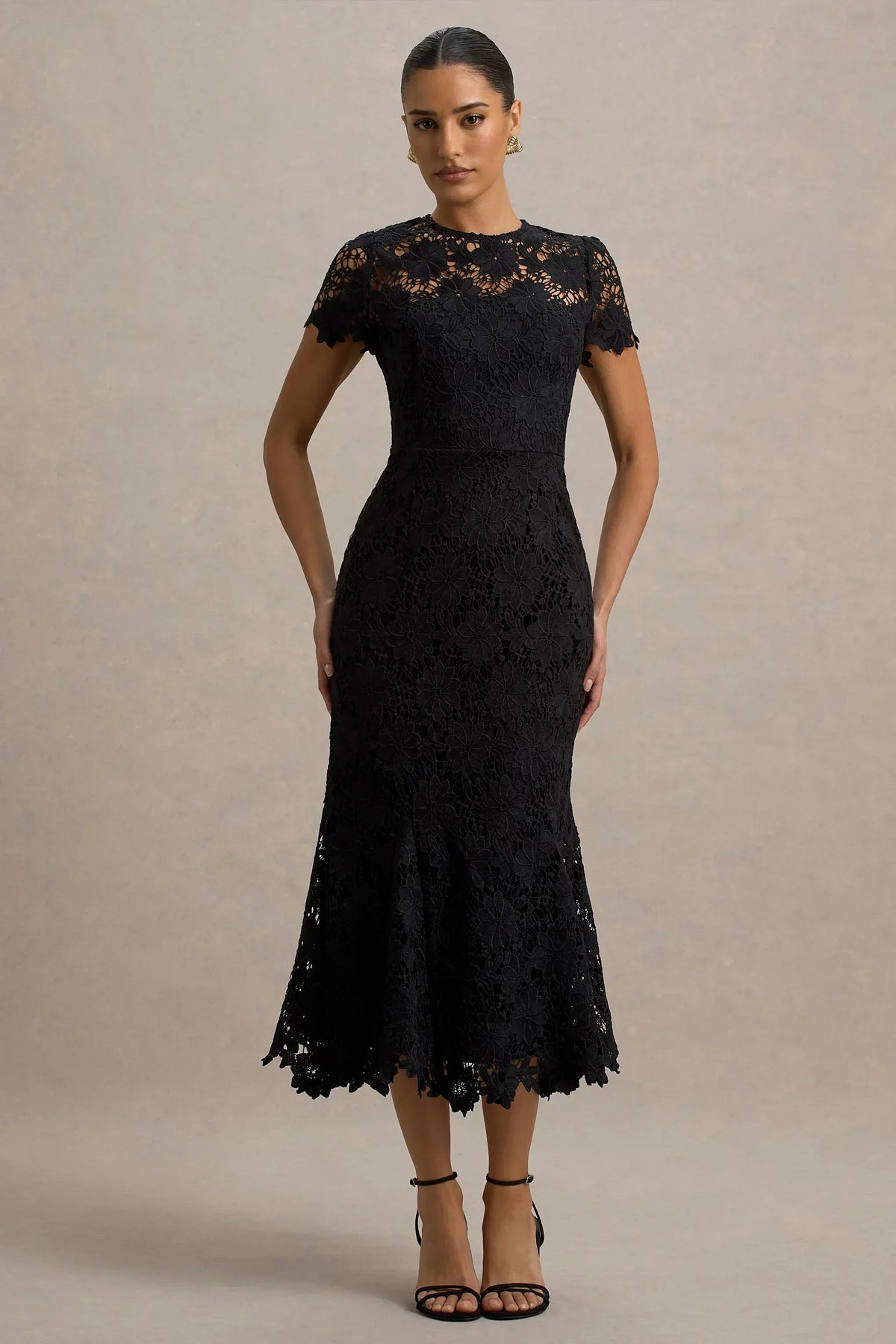 Clarissa | Black Lace Short-Sleeve Pleated Midi Dress
