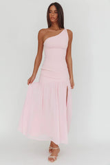 Lights On One-Shoulder Drop Waist Maxi Dress Pink