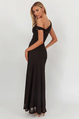 Lylah Asymmetric Neckline Mesh Maxi Dress Black