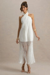 Fiametta | Ecru Linen Halter-Neck Fringe Maxi Dress