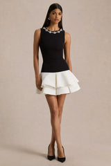 Nalani | Black And White Crew-Neck Mini Dress With Embellishment And Ruffled Detailing