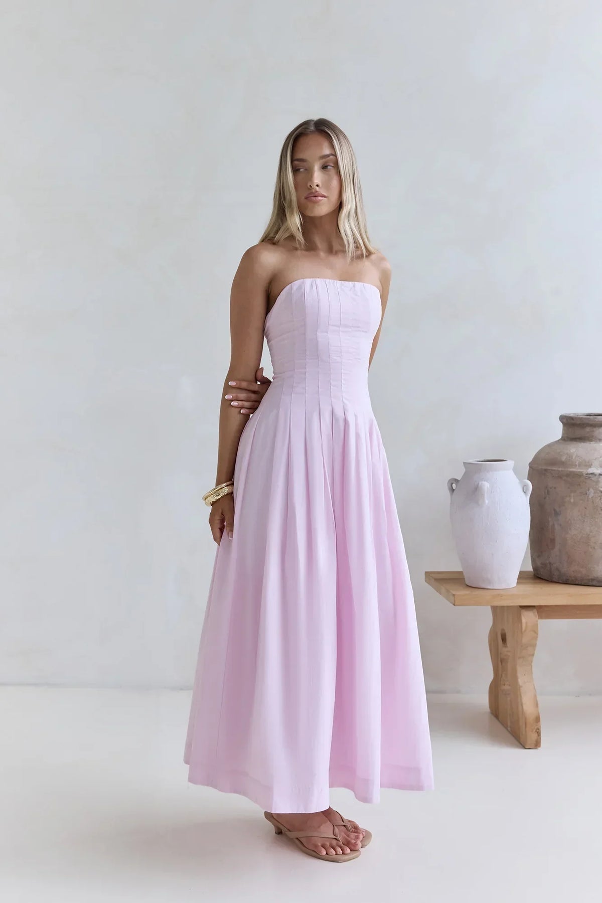 Sunshine Serenity Strapless Midi Dress Pink