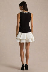 Nalani | Black And White Crew-Neck Mini Dress With Embellishment And Ruffled Detailing